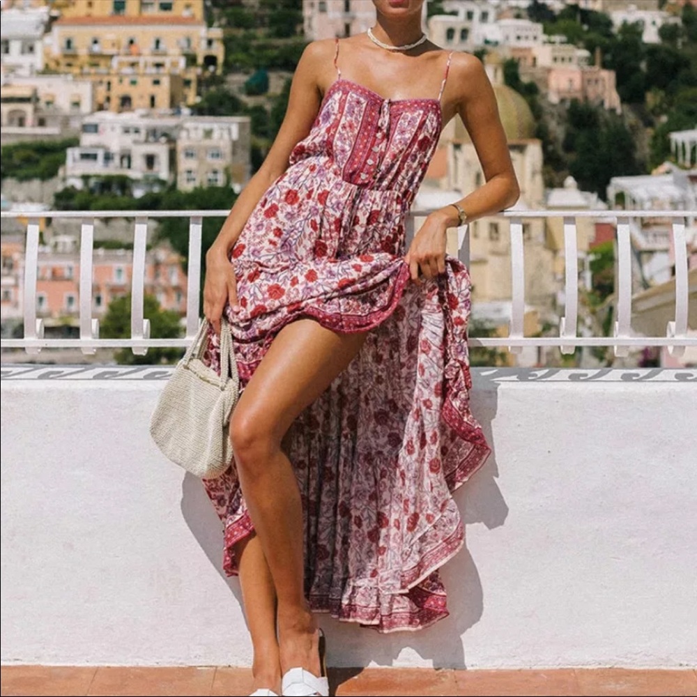 Boho Gypsy Floral Tiered Maxi Dress Blue Yellow - Picture 4 of 15